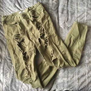 Green Distressed Cropped Jeans